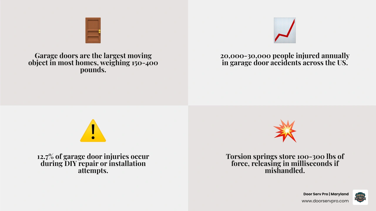 infographic showing garage door components torsion spring weight stored energy and DIY safety risk zones - is it safe to