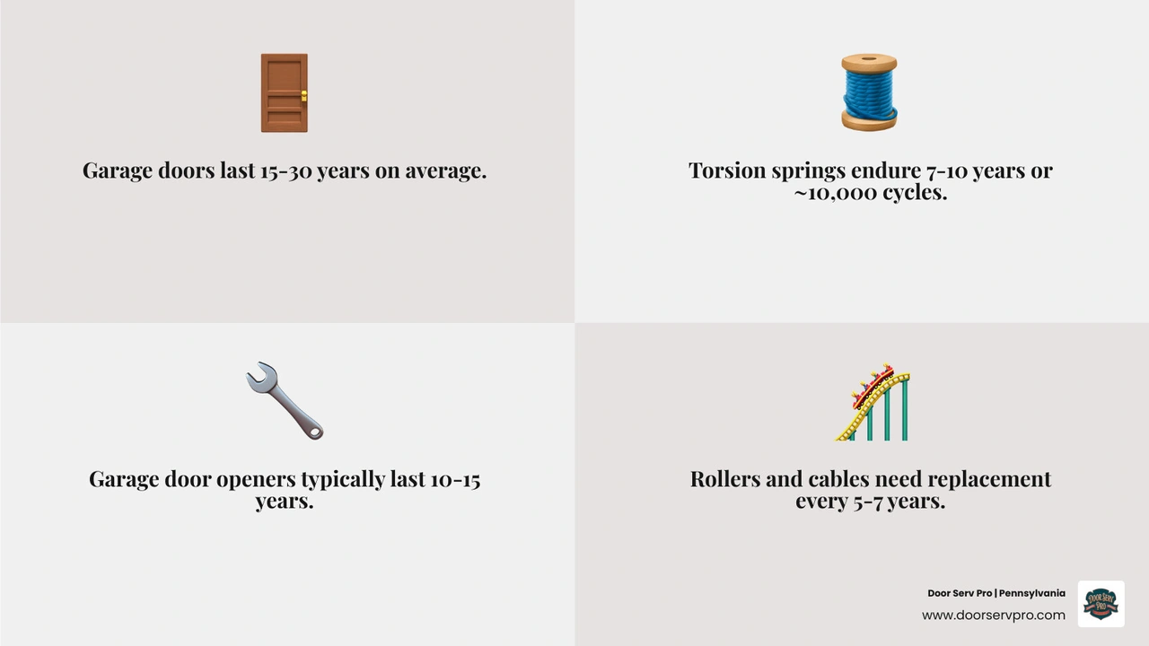Infographic showing average lifespan of garage door components including door, springs, opener, and rollers infographic