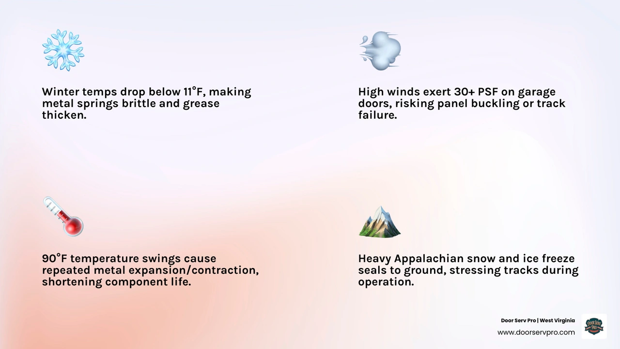 Infographic showing how West Virginia weather impacts garage door components by season - how west virginia weather affects