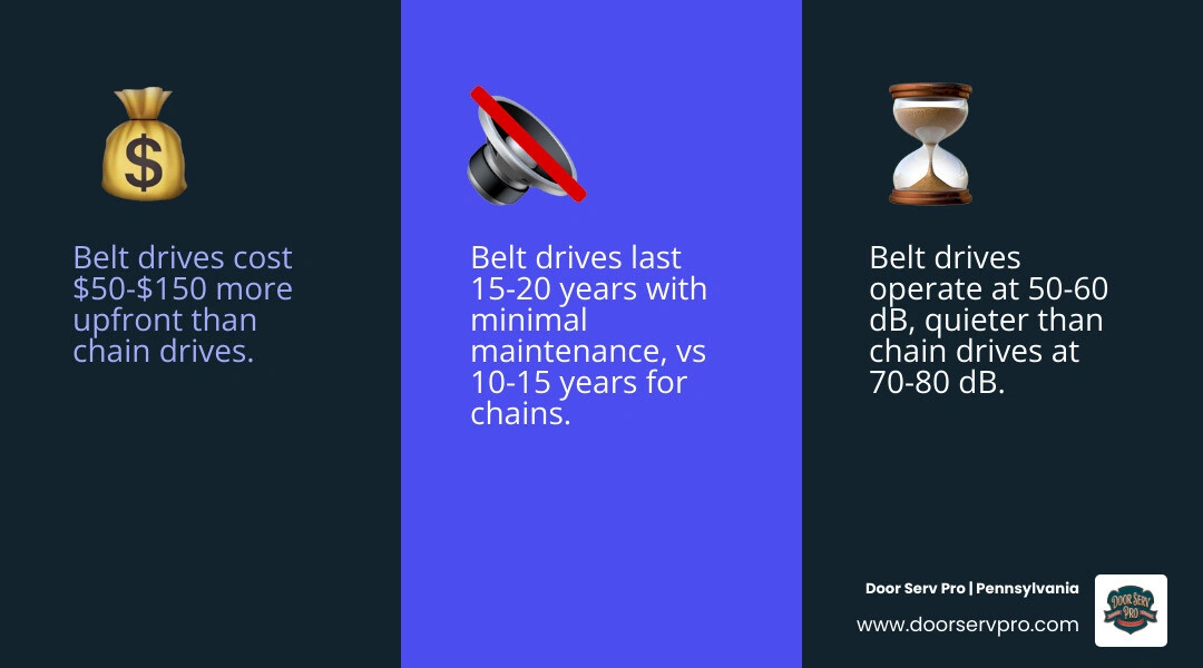 Infographic comparing belt drive vs chain drive garage door opener cost, noise, lifespan, and maintenance - belt drive vs