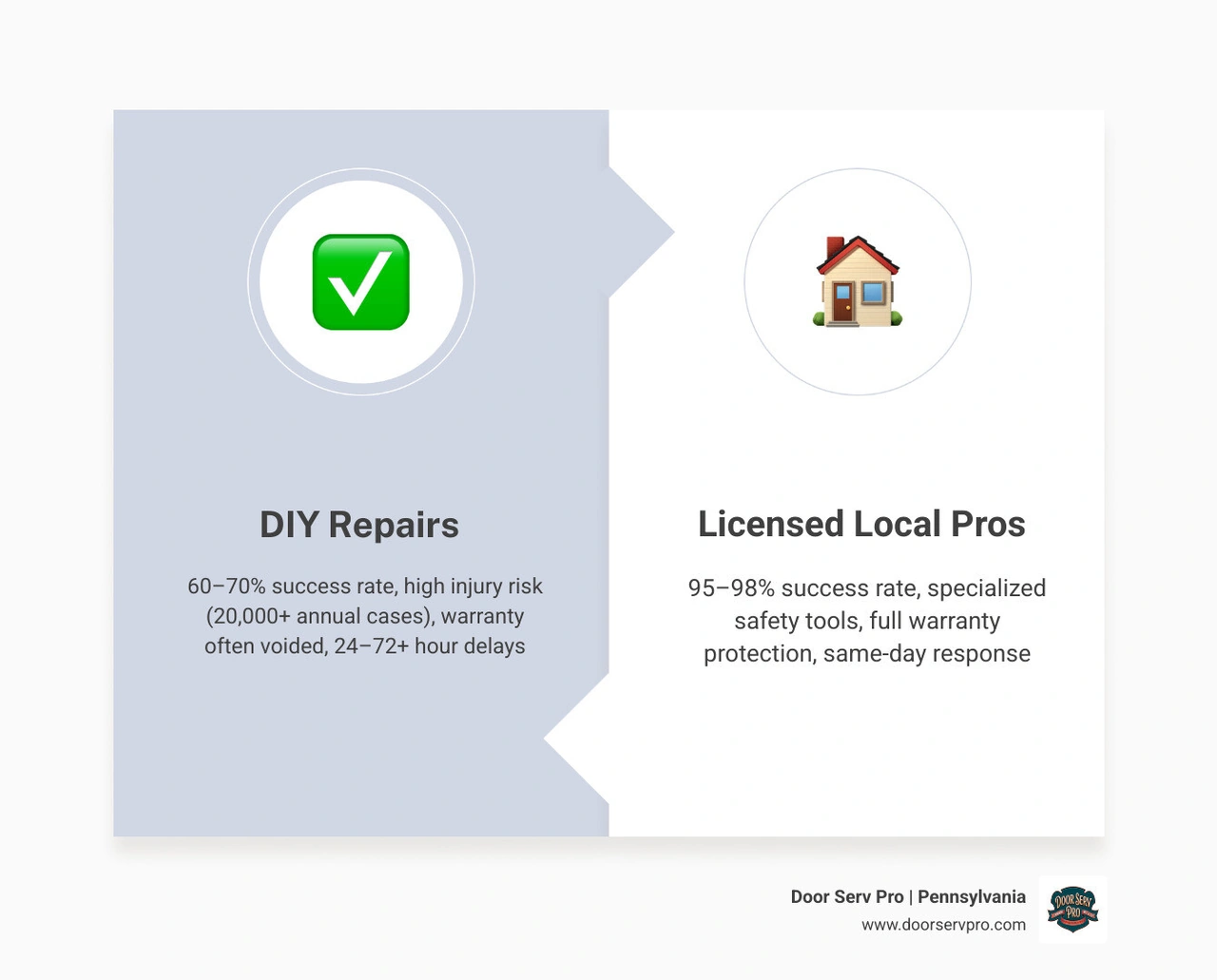 Infographic comparing professional vs DIY garage door repair: success rates, safety, warranty, and response times - benefits Infographic comparing professional vs DIY garage door repair: success rates, safety, warranty, and response times - benefits