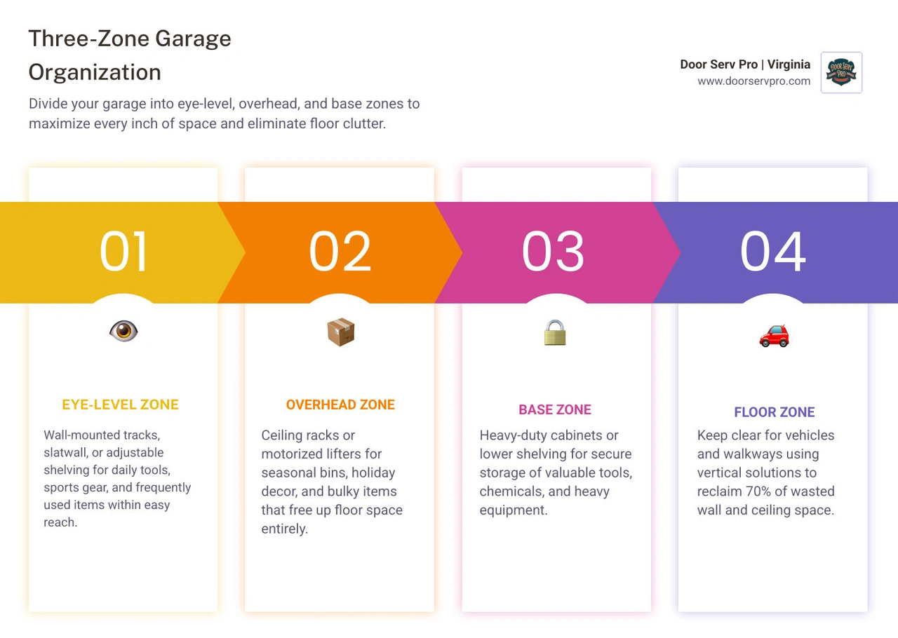 Infographic showing the Three-Zone garage organization strategy with eye-level, overhead, and cabinet zones - best garage Infographic showing the Three-Zone garage organization strategy with eye-level, overhead, and cabinet zones - best garage