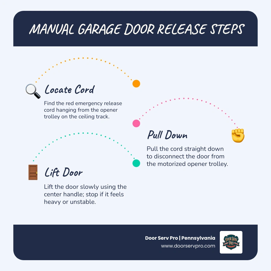 infographic showing manual release cord steps and safety checks for garage door power outage - power outage and your garage infographic showing manual release cord steps and safety checks for garage door power outage - power outage and your garage