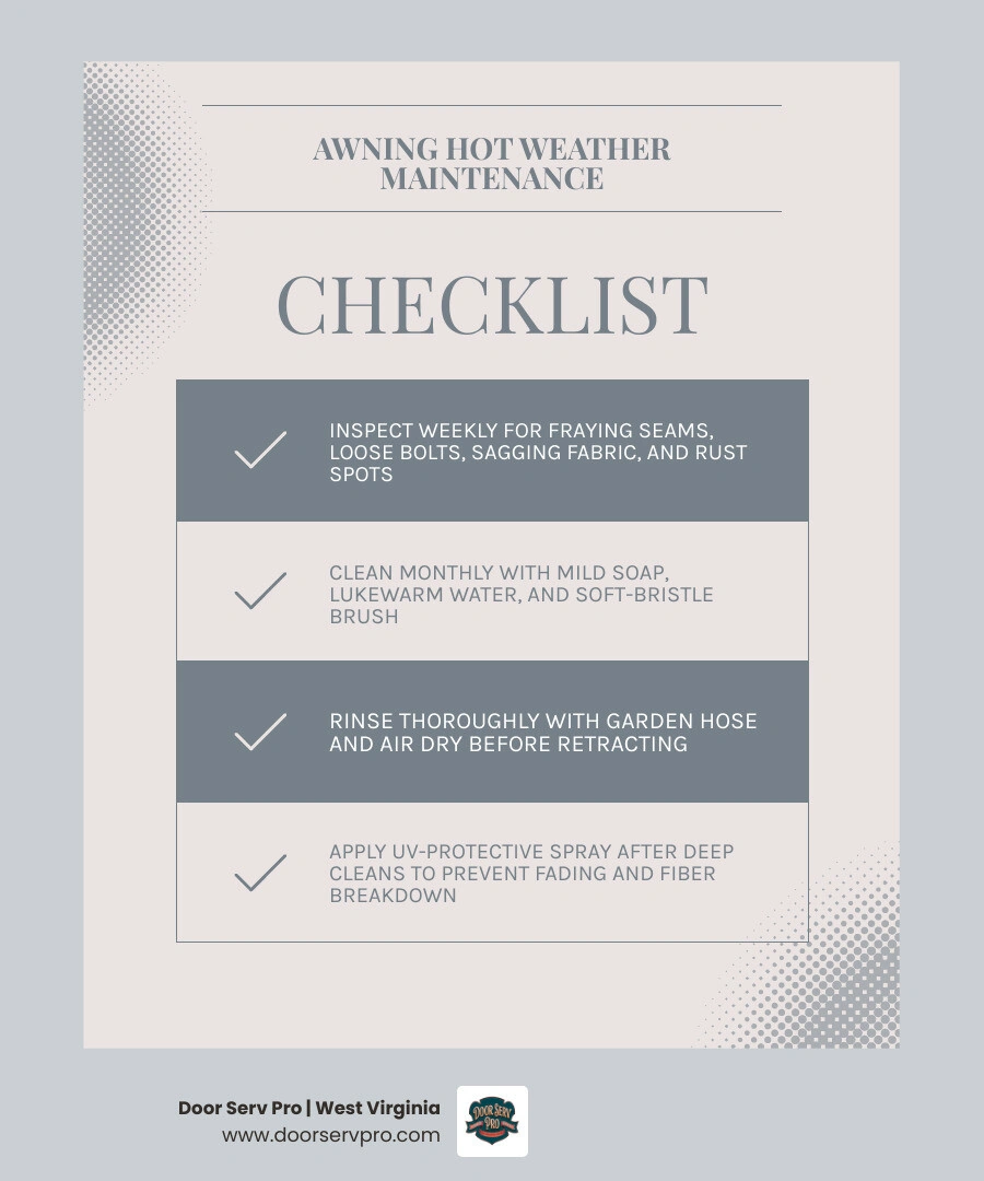 Infographic: 7 steps to maintain your awning in hot weather including inspection, cleaning, UV protection, and retraction