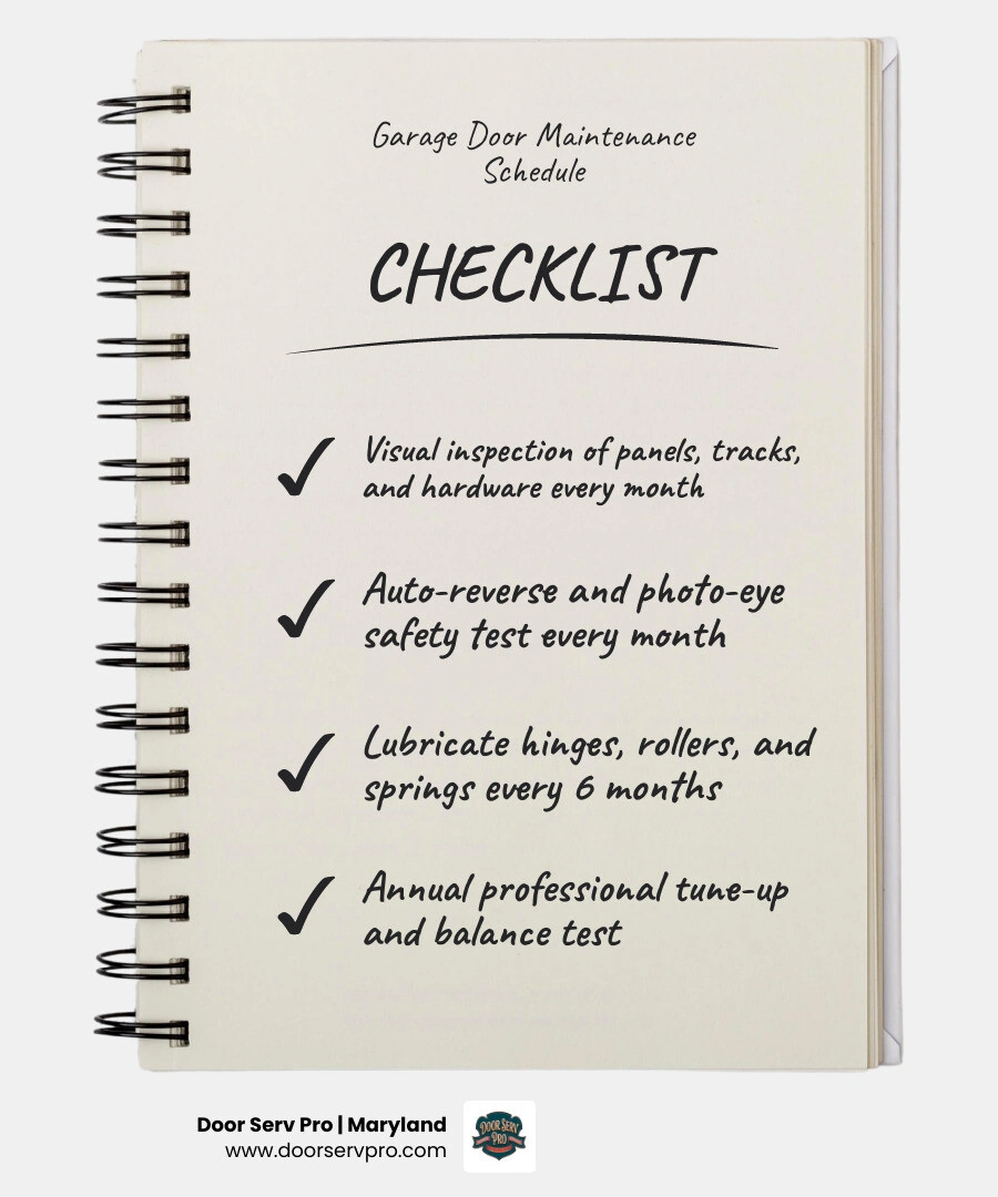 Infographic showing monthly, biannual, and annual garage door maintenance checklist with key tasks infographic Infographic showing monthly, biannual, and annual garage door maintenance checklist with key tasks infographic