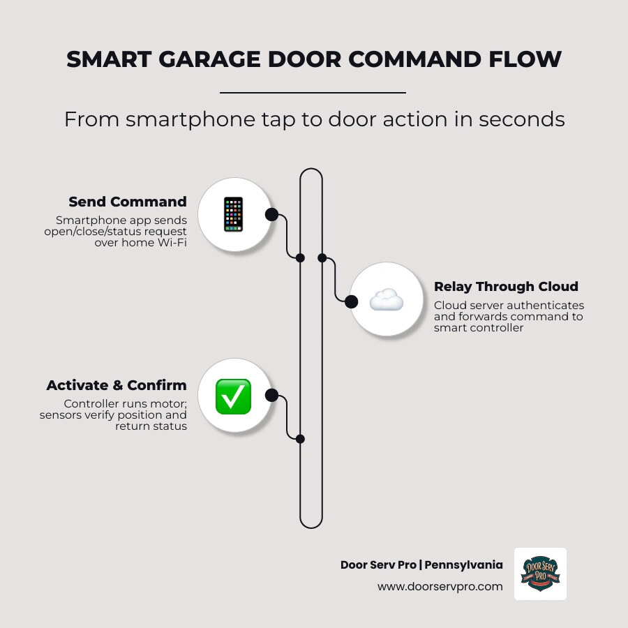 Infographic showing communication flow: smartphone app to cloud server to smart controller to garage door motor and back Infographic showing communication flow: smartphone app to cloud server to smart controller to garage door motor and back