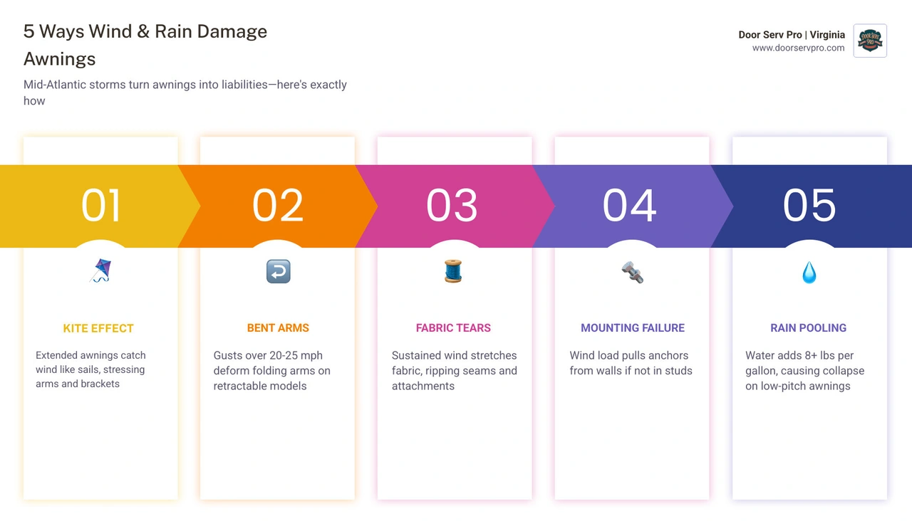 Infographic showing awning wind speed thresholds, rain pooling weight limits, and damage types by storm intensity infographic Infographic showing awning wind speed thresholds, rain pooling weight limits, and damage types by storm intensity infographic