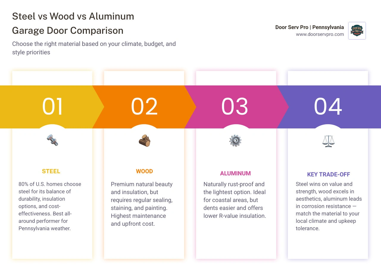 Infographic comparing steel, wood, and aluminum garage doors across durability, maintenance, insulation, cost, and curb Infographic comparing steel, wood, and aluminum garage doors across durability, maintenance, insulation, cost, and curb