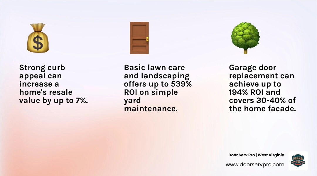 Infographic showing top curb appeal improvements and their ROI percentages including garage door, landscaping, and exterior Infographic showing top curb appeal improvements and their ROI percentages including garage door, landscaping, and exterior