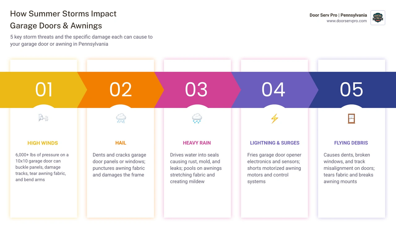 Infographic showing how summer storms affect garage doors and awnings through wind, hail, rain, and lightning infographic