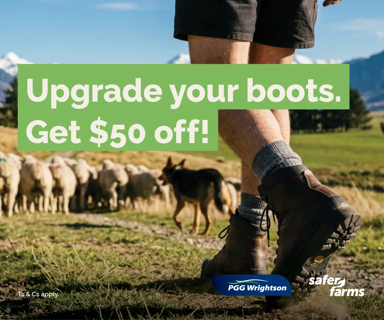 Person wearing hiking boots and gray socks walking on a farm path with a sheepdog and a flock of sheep in the background, with mountains visible in the distance; text overlay says 'Upgrade your boots. Get $50 off!' and includes PGG Wrightson and Safer Farms logos.