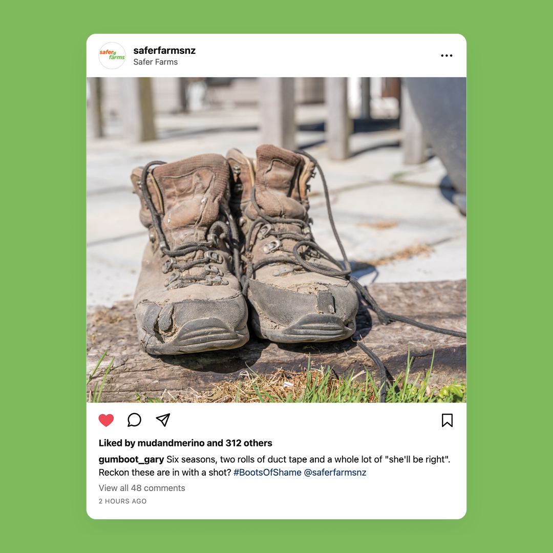 Mock Instagram post from Safer Farms showing a pair of badly worn, split-toed work boots on a wooden plank, with a caption entering them in the #BootsOfShame competition.