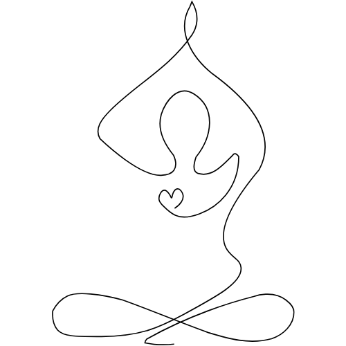 Minimalist line art logo of a meditating figure with a heart at Floripa Surf and Yoga Retreat, symbolizing mindfulness and love