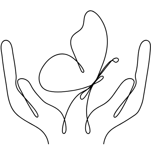 Hand drawn hands holding a butterfly icon, symbolising community