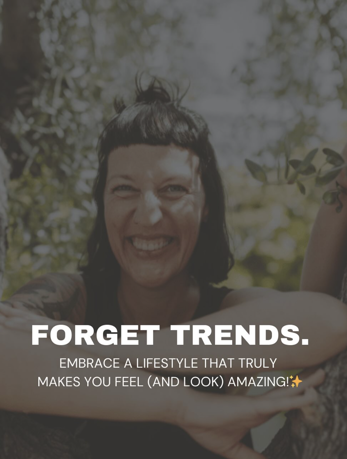Smiling guest at Floripa Surf and Yoga Retreat in Sicily, radiating happiness and wellness with text overlay about natural glow and holistic care
