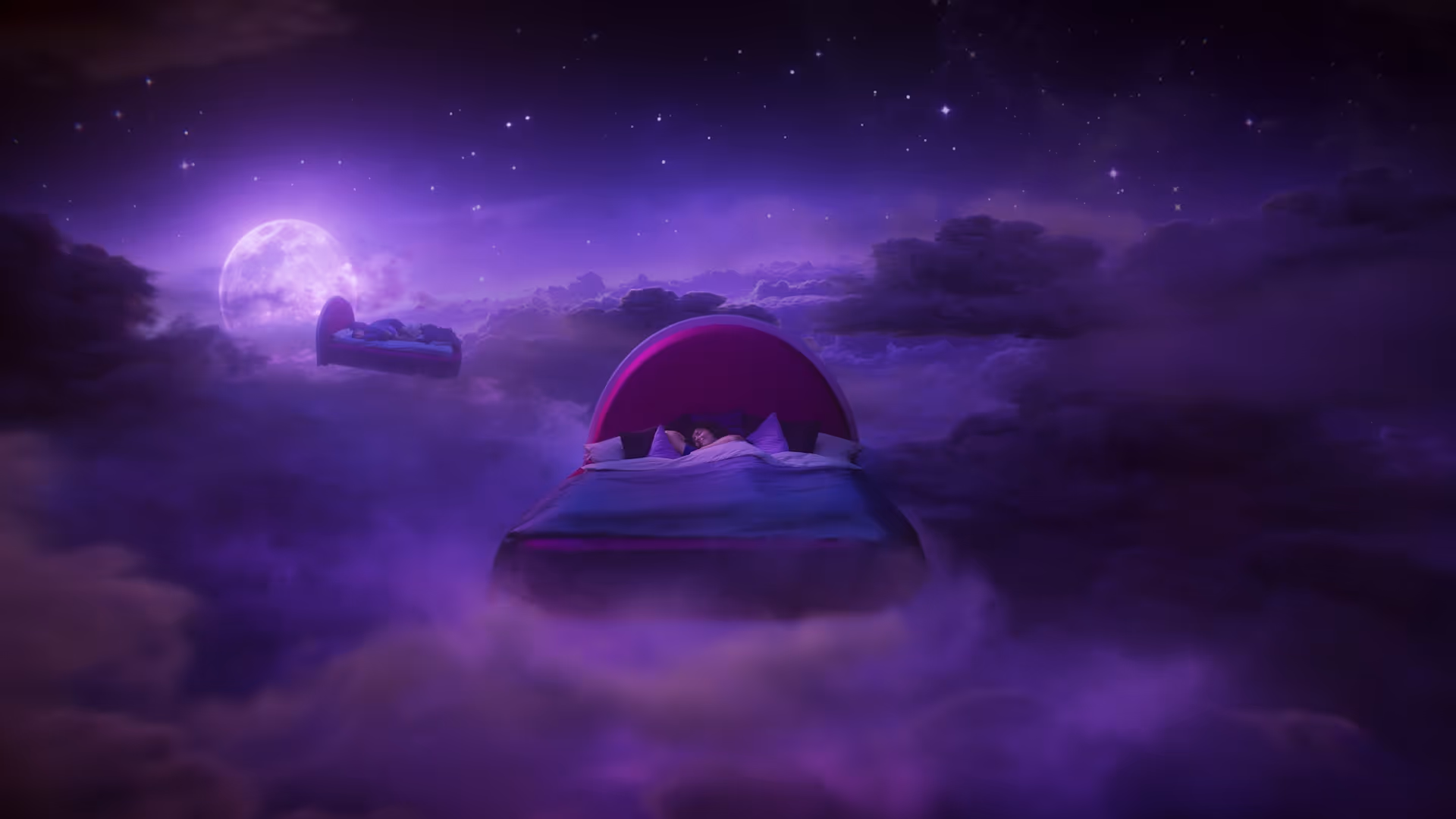 An image of a bed floating in a vibrant sky.