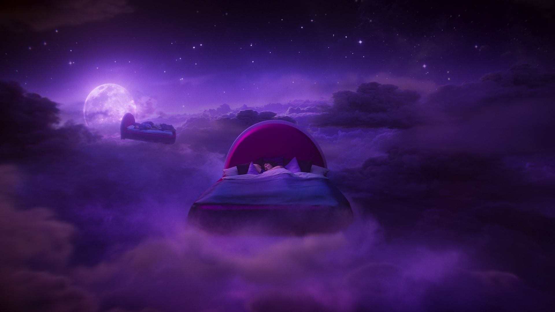 An image of a bed floating in a vibrant sky.