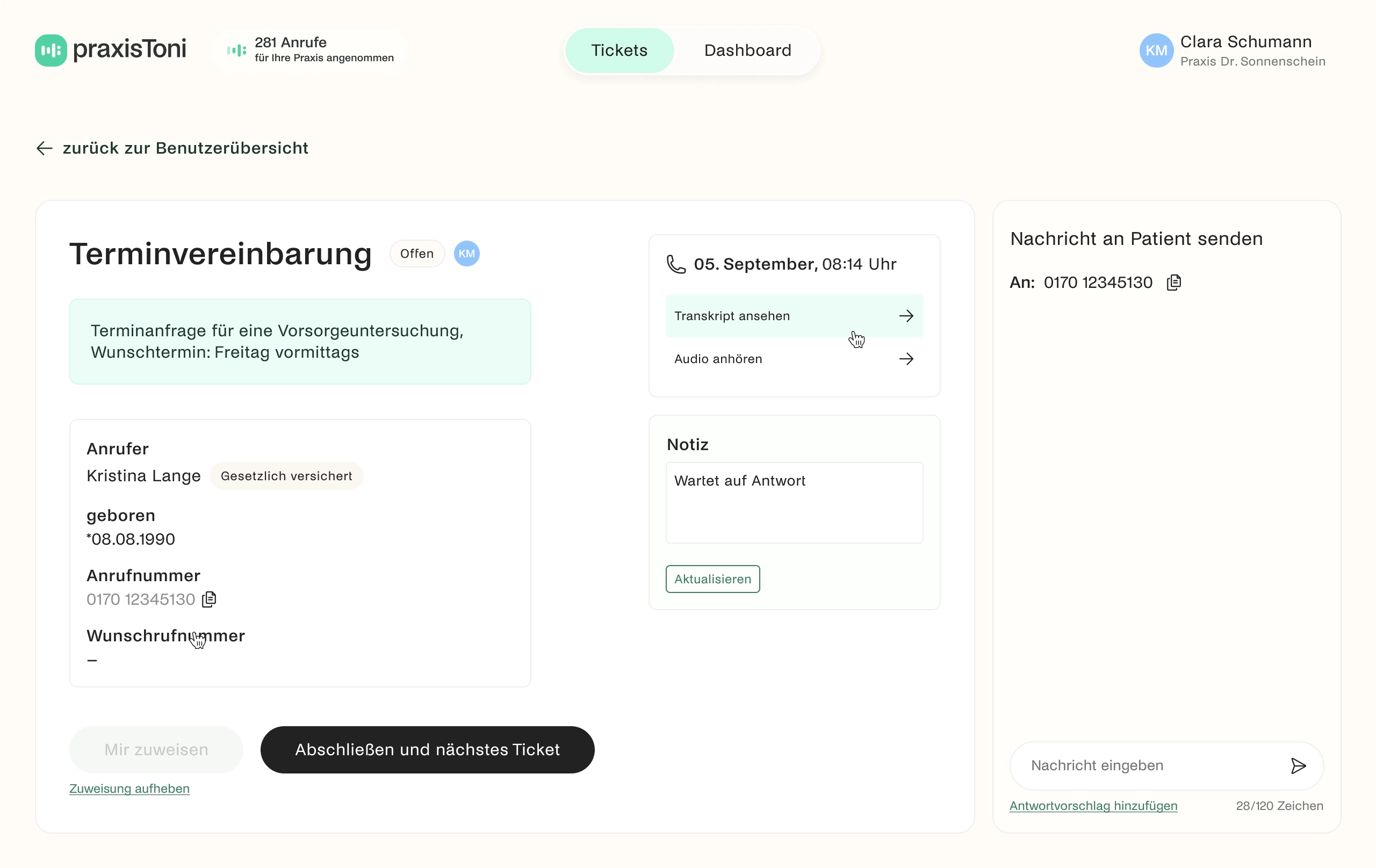 praxisToni Screenshot: Ticket Terminvereinbarung