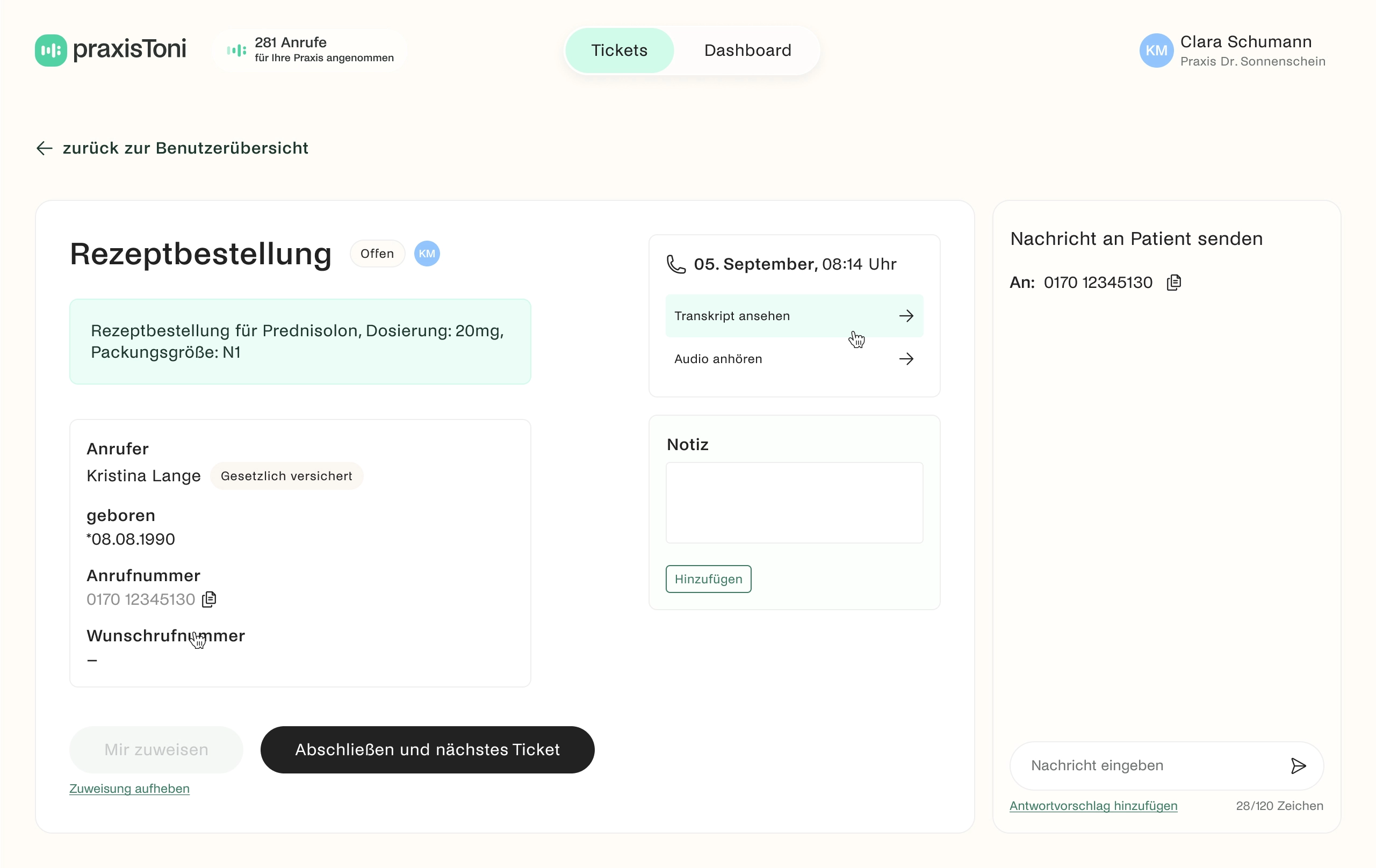 praxisToni Screenshot: Ticket Rezeptbestellung