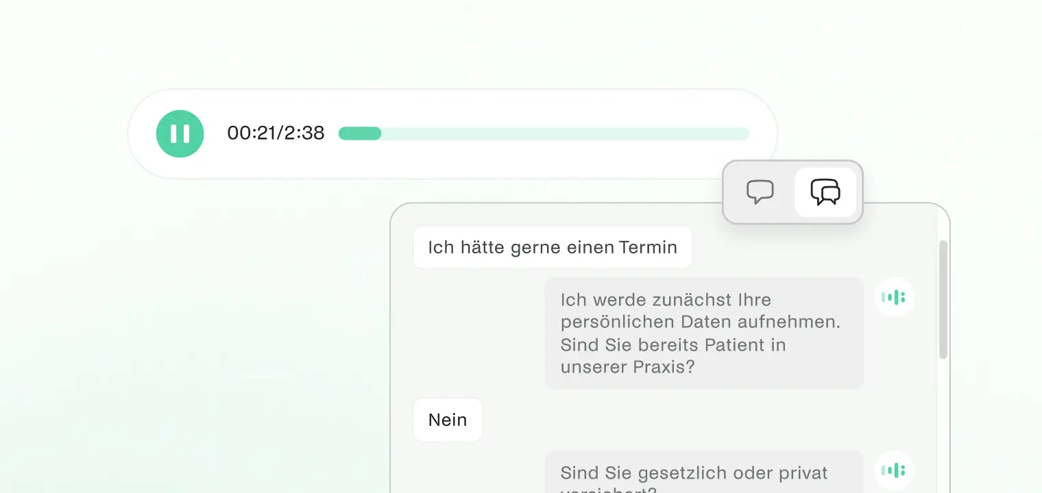 Audio-Abspielbalken mit Pause-Symbol und Fortschrittsanzeige bei 21 Sekunden von 2 Minuten 38 Sekunden sowie ein Chatfenster mit Patientengespräch über Terminvereinbarung und Patientendaten.