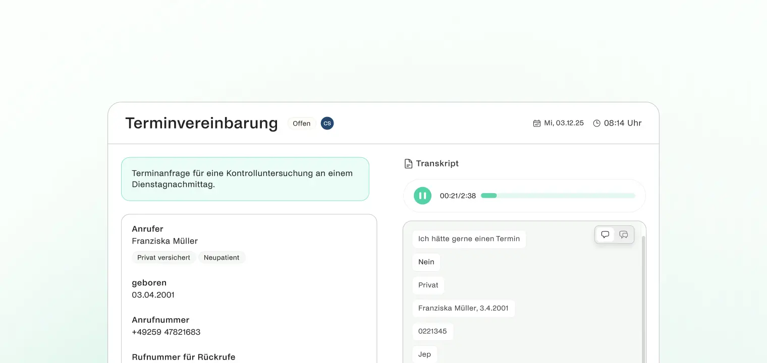 Screenshot einer digitalen Terminvereinbarung mit Informationen zu Anrufer Franziska Müller, Geburtsdatum, Telefonnummer und einem Transkript des Gesprächs.