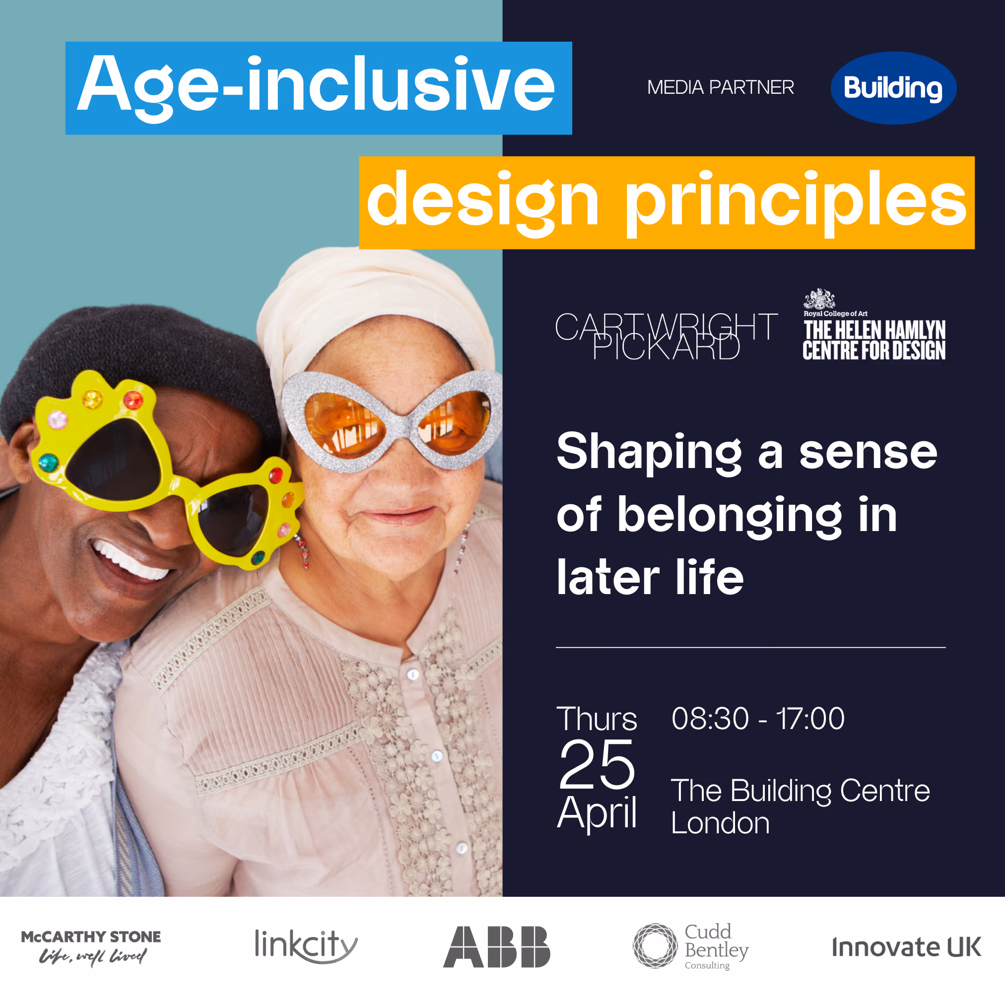 Two older adults smiling wearing playful oversized sunglasses in an age-inclusive design event poster.