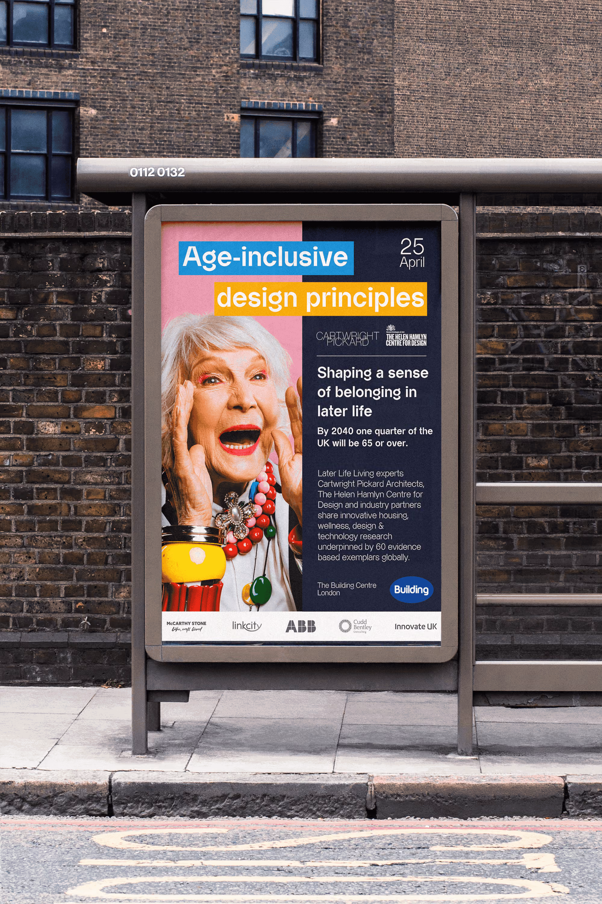 Bus stop poster promoting age-inclusive design principles with an elderly woman's joyful expression.