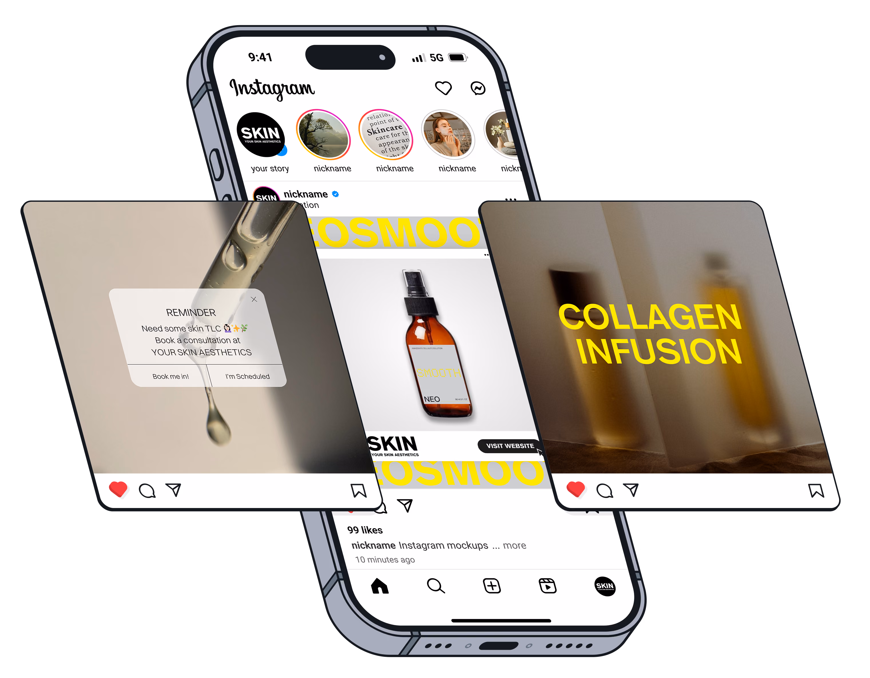 Instagram mockup showing skincare posts: a dropper with reminder, a bottle, and 'Collagen Infusion' text.
