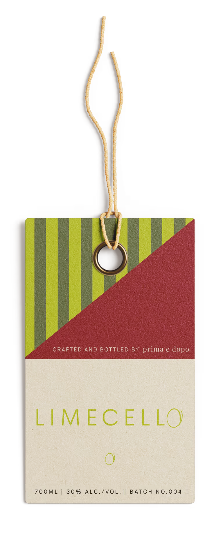 Bottle tag with green stripes, red triangle, and text reading Limecello, 700ml, 30% alc., batch 004.