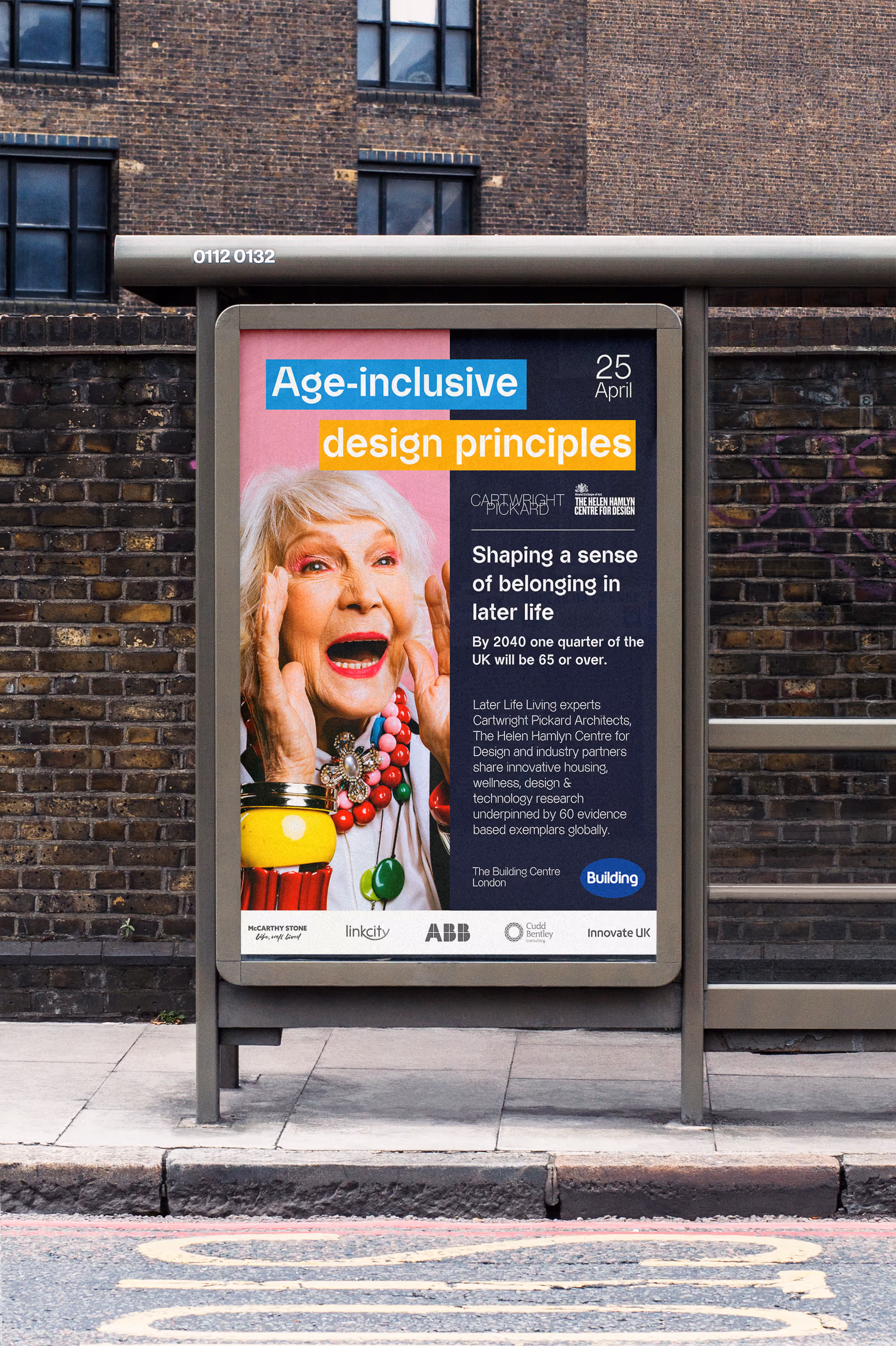 Bus stop ad shows an elderly woman and text about age-inclusive design principles for later life.