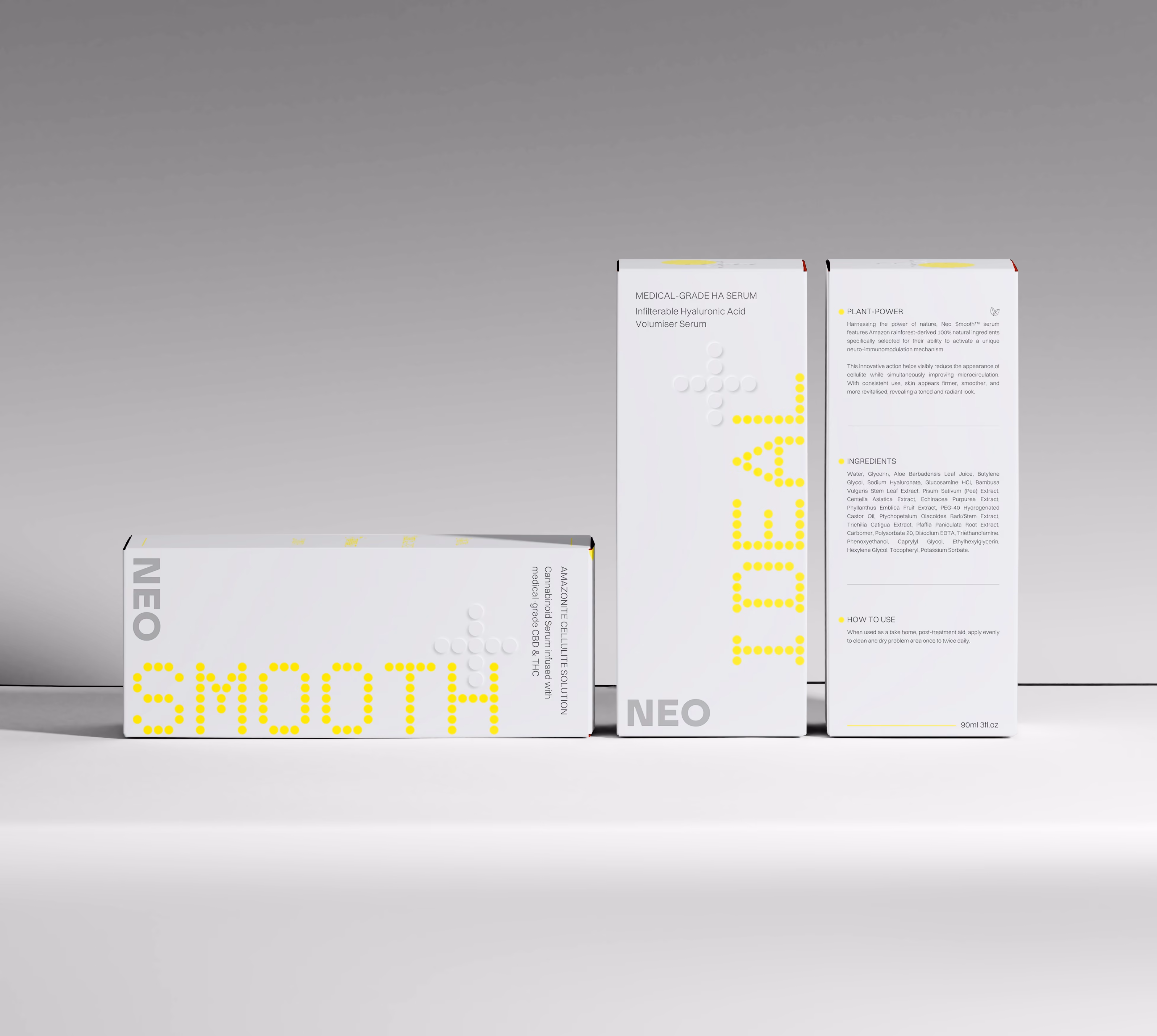 Three white Neo Smooth skincare product boxes with yellow dotted text and ingredient details on gray background.
