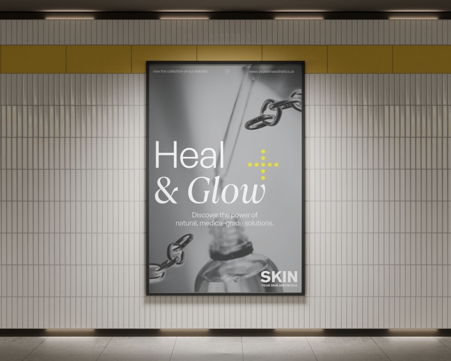 Advertisement poster with a dropper bottle and text promoting natural medical-grade skin solutions.