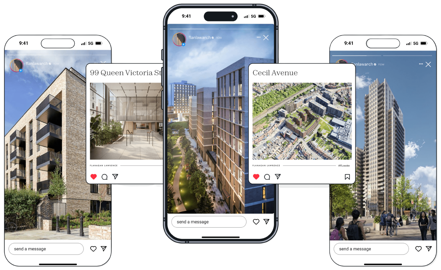 Three smartphones show images of modern buildings and architectural projects in a social media app interface.