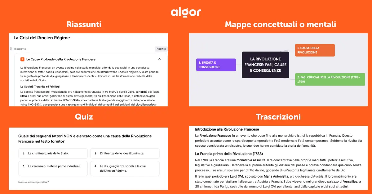 Crea quiz, mappe concettuali, riassunti e trascrizioni con Algor