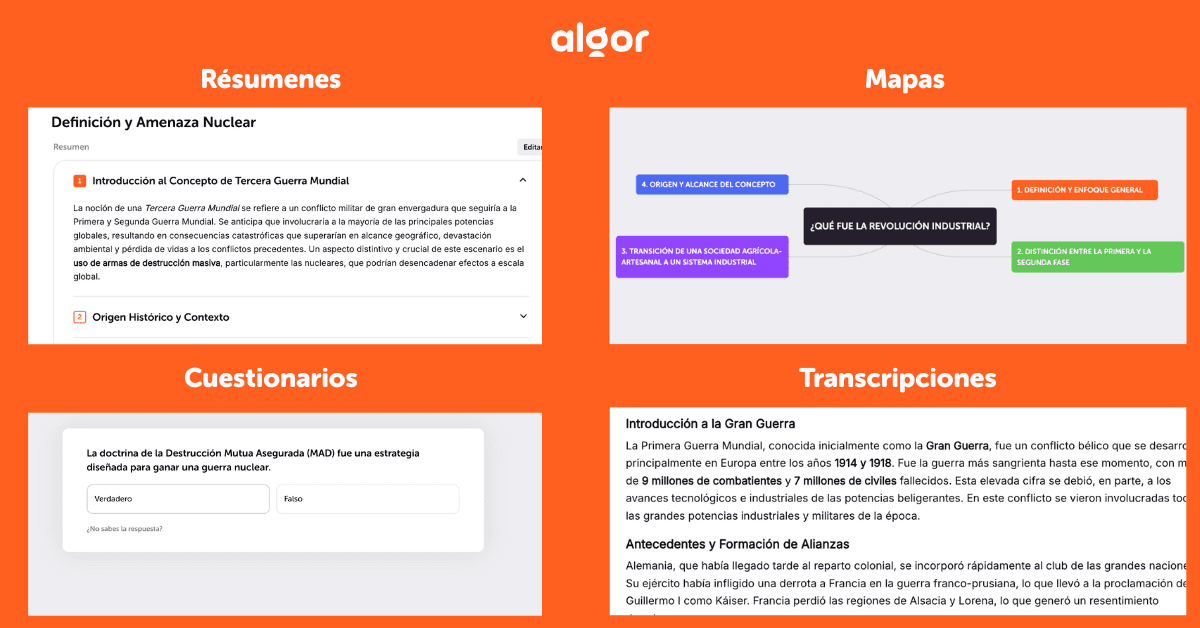 Crea cuestionarios, mapas conceptuales, resúmenes y transcripciones con Algor.