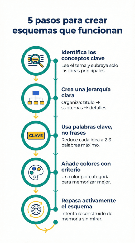 Ejemplo de guía visual con los 5 pasos para crear esquemas de estudio claros, eficaces y fáciles de memorizar.