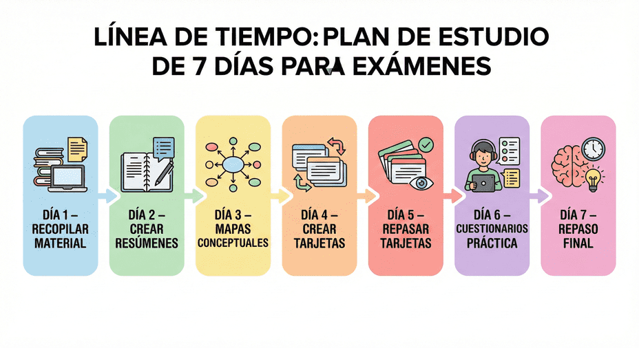 Infografía de un plan de estudio de 7 días: cronograma paso a paso para organizar y preparar exámenes con éxito