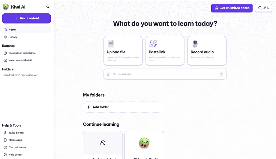 Dentro Kiwinote hai Kiwi Ai un tutor personalizzato per gli studenti