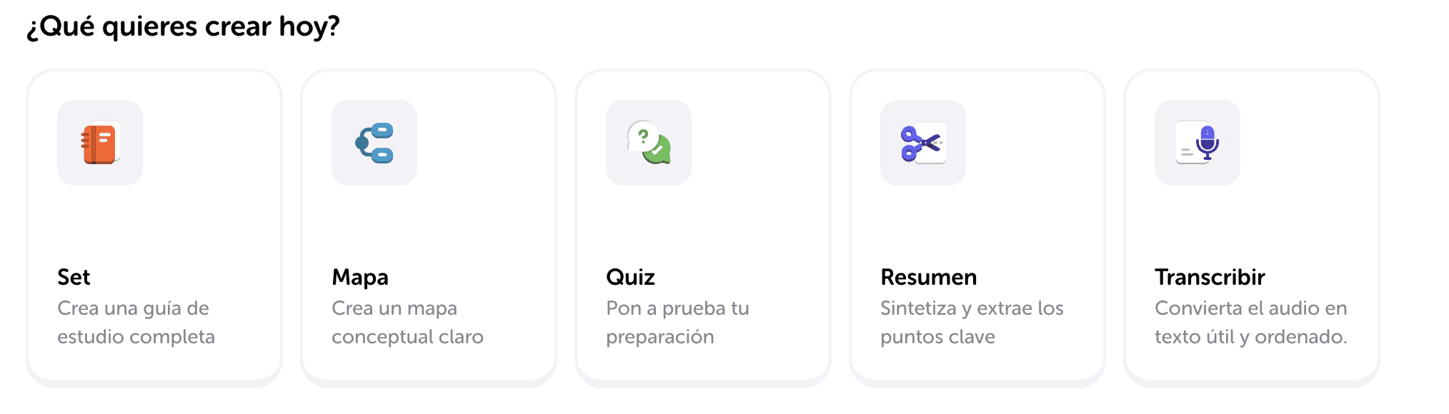 En Algor puedes crear todo lo que necesitas para estudiar: mapas conceptuales, quizzes, resúmenes, sets de estudio y transcripciones desde un solo lugar.