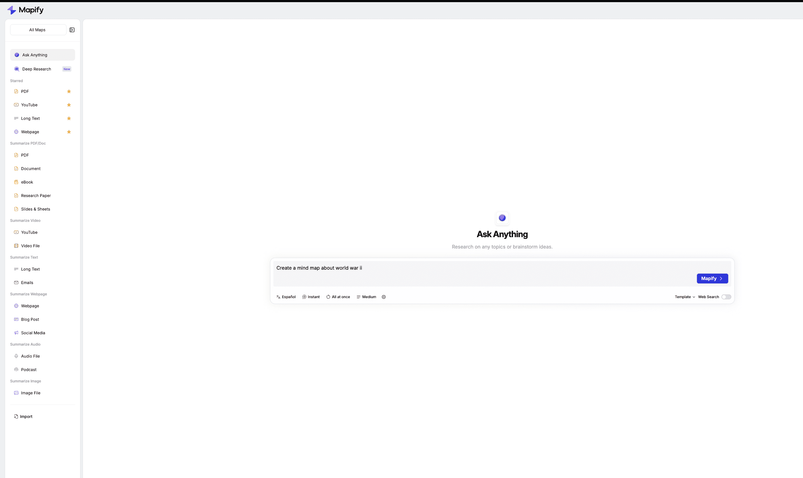 Pantalla principal de Mapify, donde puedes investigar, organizar ideas y crear mapas mentales a partir de cualquier pregunta.