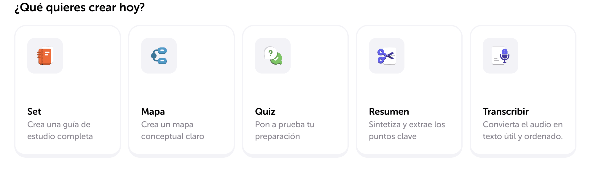 En Algor puedes crear todo lo que necesitas para estudiar: mapas conceptuales, quizzes, resúmenes, sets de estudio y transcripciones desde un solo lugar.