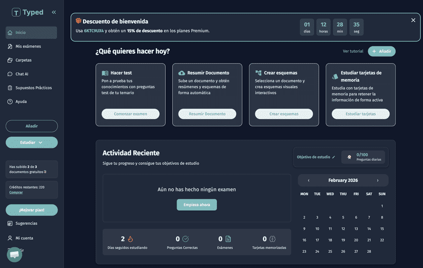 Interfaz de Typed AI: tests, resúmenes y esquemas desde documentos.