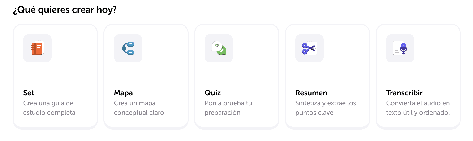 En Algor puedes crear todo lo que necesitas para estudiar: mapas conceptuales, quizzes, resúmenes, sets de estudio y transcripciones desde un solo lugar.