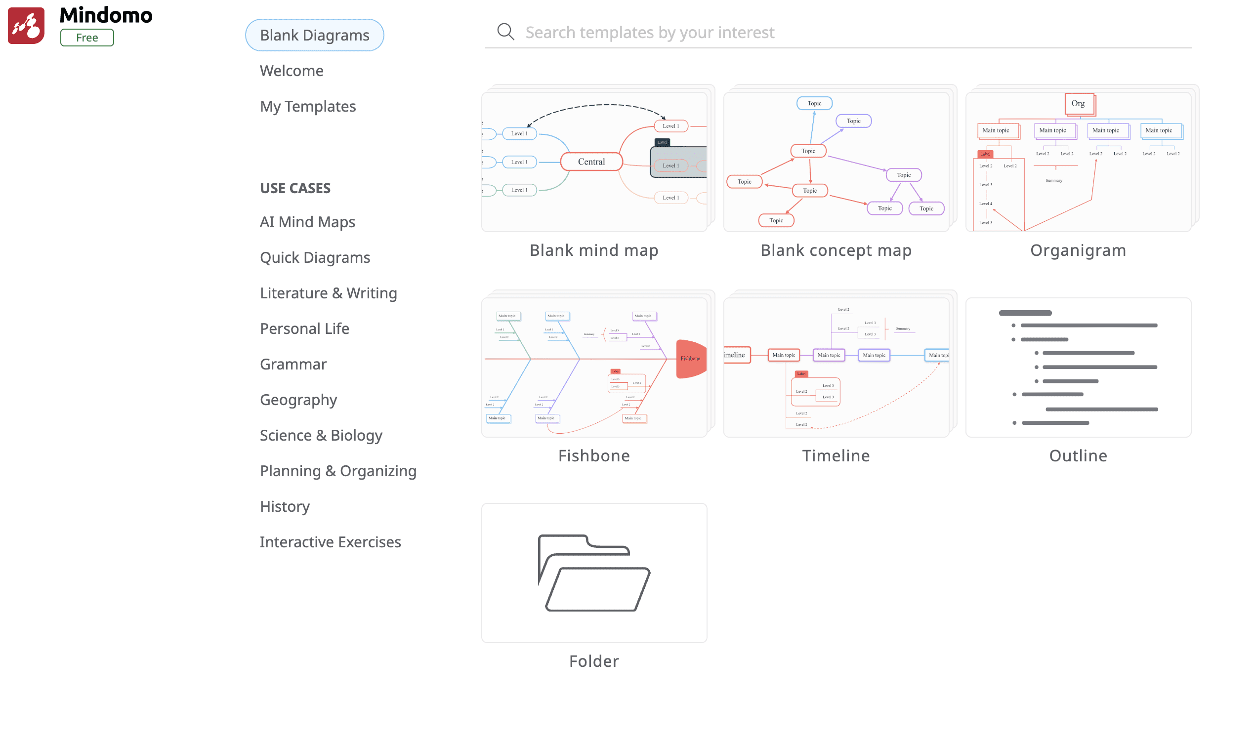 Interfaccia di Mindomo da cui puoi creare ogni tipo di mappa concettuale
