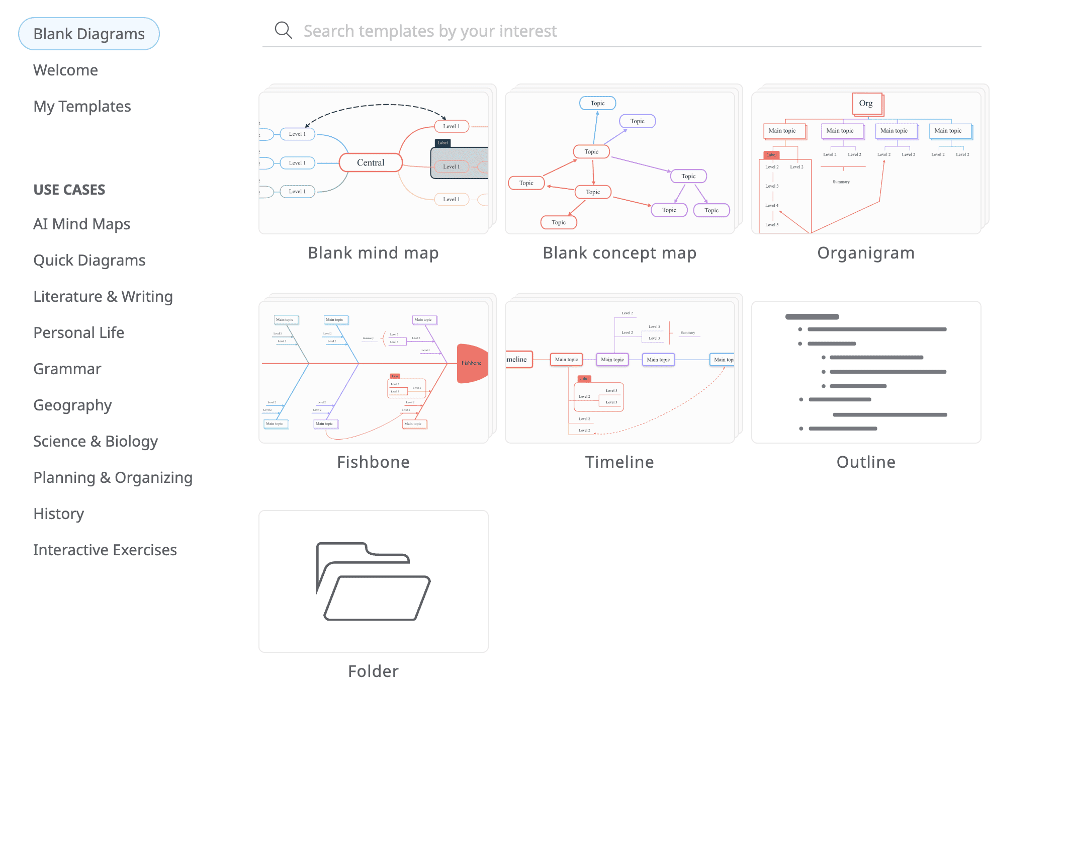 Ejemplo de plantillas disponibles en Mindomo para crear mapas mentales y diagramas personalizados.