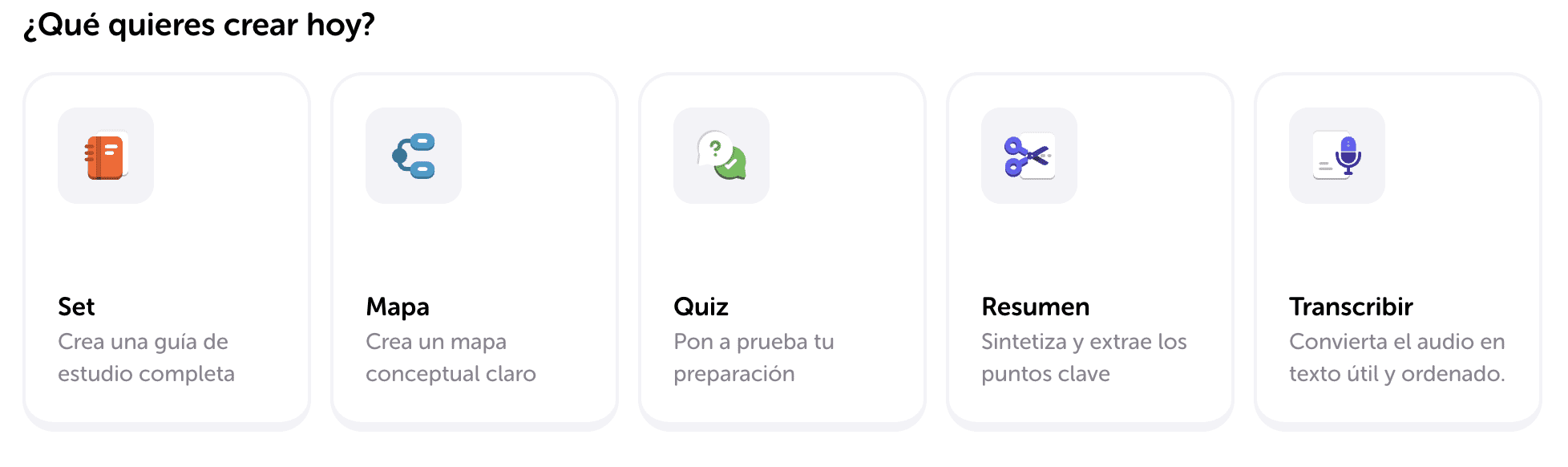 En Algor puedes crear todo lo que necesitas para estudiar: mapas conceptuales, quizzes, resúmenes, sets de estudio y transcripciones desde un solo lugar.