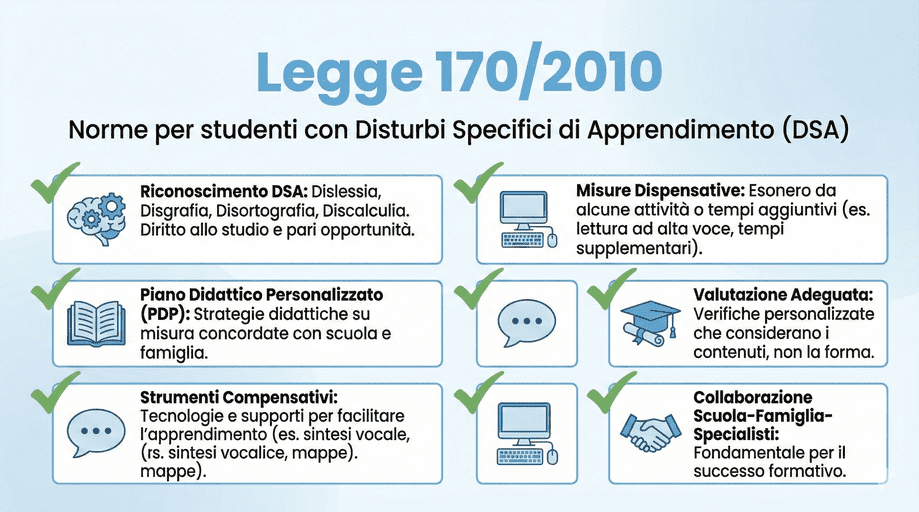 La Legge 170/2010 garantisce agli studenti con DSA il diritto a strumenti compensativi come mappe concettuali, sintesi vocale e tempo aggiuntivo agli esami.