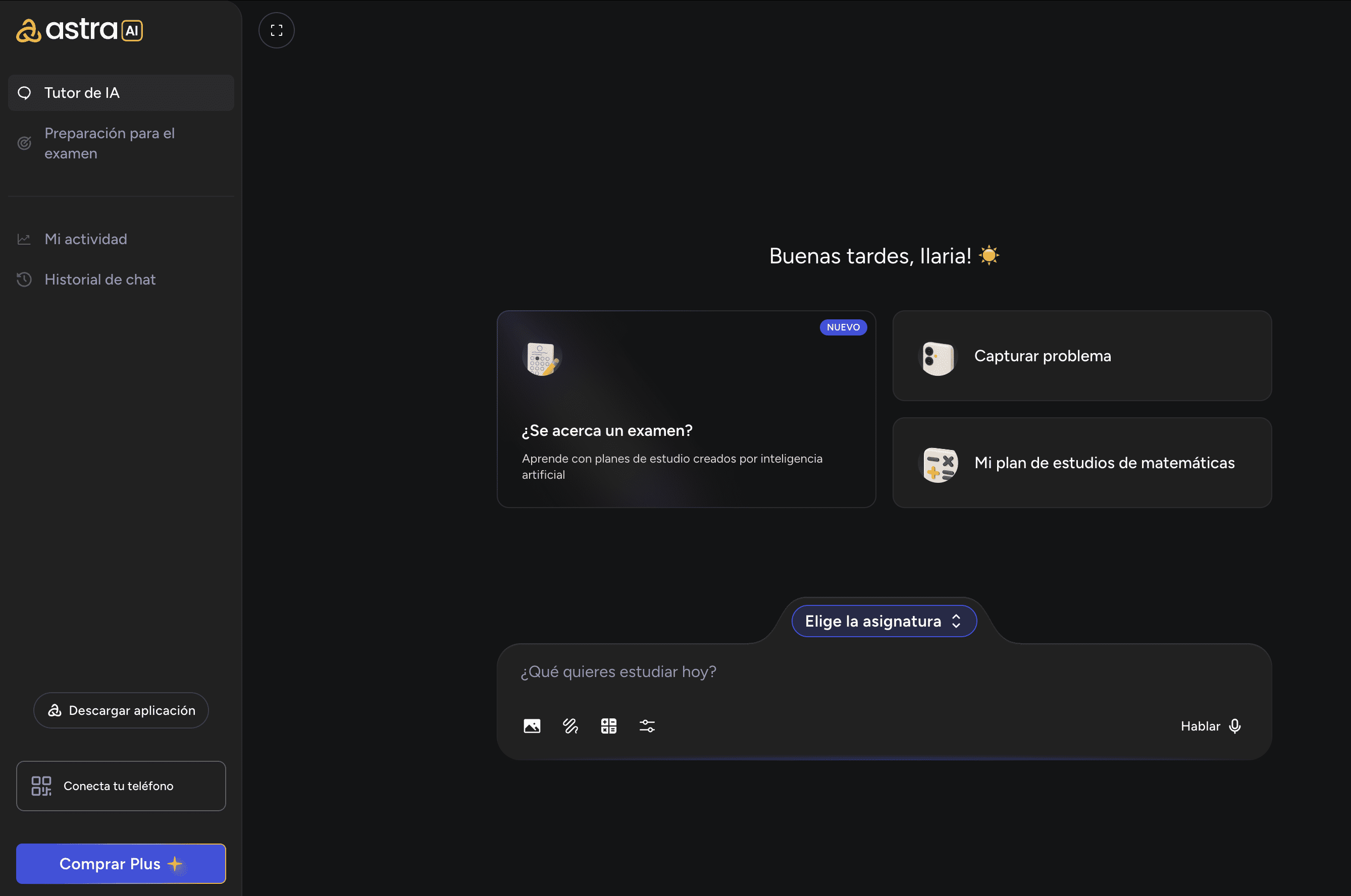 La interfaz de Astra AI está diseñada para estudiar sin distracciones: todo lo que necesitas, en un solo lugar.