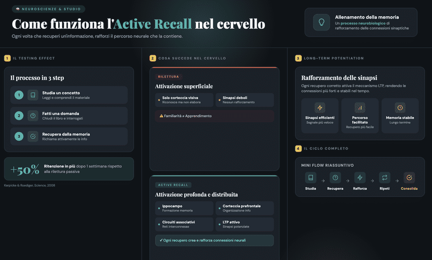 L’Active Recall è un vero allenamento della memoria: ogni volta che recuperi un’informazione, rafforzi i circuiti neurali e migliori la ritenzione a lungo termine.