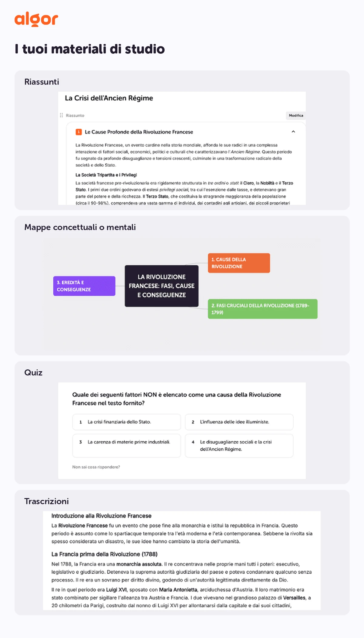 Crea quiz, mappe concettuali, riassunti e trascrizioni con Algor.